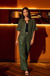 PixieGirl Petite Women's Khaki Green Sequin Embellished Short Sleeve Shirt | PixieGirl 1
