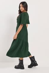 PixieGirl Petite Women's Dark Green Crinkle Tiered Midi Dress | PixieGirl 2