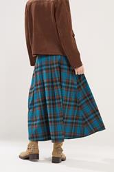 PixieGirl Petite Women's Brown & Blue Check Buckle Midi Skirt | PixieGirl 3