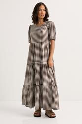 PixieGirl Petite Women's Brown Gingham Tiered Maxi Dress | PixieGirl 2