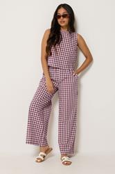 PixieGirl Petite Women's Set Burgundy Red Gingham Cotton Top & Wide Leg Trousers | PixieGirl 1