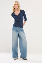 PixieGirl Petite Women's Navy Blue Button Henley Top | PixieGirl 2