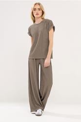 PixieGirl Petite Mocha Brown Textured Wide Leg Trousers | PixieGirl 1