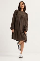 PixieGirl Petite Women's Chocolate Brown Button Smock Midi Dress | PixieGirl 2