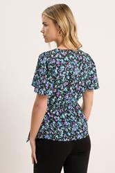 M&Co Petite Black Ditsy Print Wrap Blouse | M&Co 2