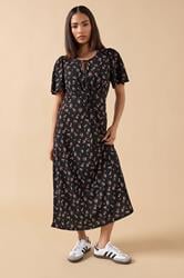 PixieGirl Petite Women's Black Ditsy FloralTie Front Midi Dress | PixieGirl 1