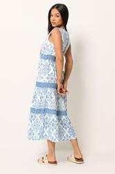 M&Co Petite Light Blue Tile Print Tiered Midi Dress | M&Co 1