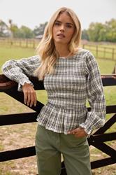 PixieGirl Petite Women's Brown Check Shirred Long Sleeve Top | PixieGirl 1