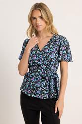 M&Co Petite Black Ditsy Print Wrap Blouse | M&Co 3
