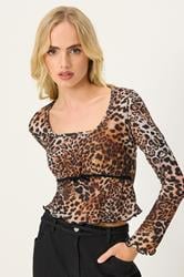PixieGirl Petite Women's Beige Brown Leopard Print Long Sleeve Top | PixieGirl 1