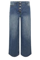 PixieGirl Petite Women's Mid Blue Button Front Wide Leg Jeans | PixieGirl 5
