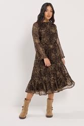 PixieGirl Petite Women's Black & Brown Leaf Midi Dress | PixieGirl 2