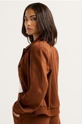 PixieGirl Petite Women's Tan Brown Suedette Collar Bomber Jacket | PixieGirl 3