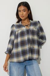 PixieGirl Petite Women's Blue Brushed Check Tie Front Smock Top | PixieGirl 1