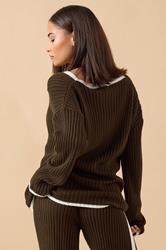 PixieGirl Petite Women's Chocolate Brown Knitted V-Neck Jumper | PixieGirl 3