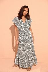PixieGirl Petite Women's White Tile Print Tiered Maxi Dress | PixieGirl 1