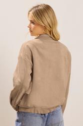 PixieGirl Petite Women's Natural Brown Faux Suede Bomber Jacket | PixieGirl 4