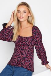 Petite Pink & Black Floral Square Neck Top | PixieGirl 2