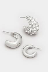 3 PACK Silver Tone Diamante Polished Hoop Earring Set | Yours Clothing 4