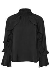 PixieGirl Petite Women's Black Satin Frill Blouse | PixieGirl 5