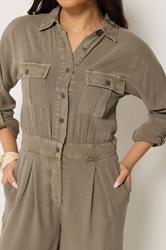 PixieGirl Petite Women's Stone Brown Acid Wash Wide Leg Jumpsuit | PixieGirl 4