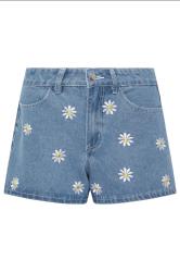 PixieGirl Petite Women's Blue Denim Daisy Embroidered Shorts | PixieGirl 6