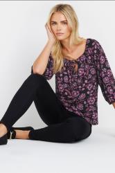 M&Co Petite Black & Purple Floral Print Tie Neck Top | M&Co 2
