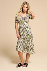 PixieGirl Petite Women's Yellow Ditsy Floral Frill Tie Midi Dress | PixieGirl 1