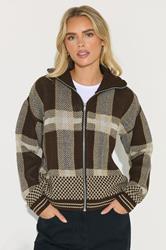 PixieGirl Petite Women's Chocolate Brown Knitted Check Zip Cardigan | PixieGirl 1