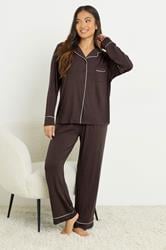 PixieGirl Petite Women's Brown Piped Long Sleeve Jersey Pyjama Set | PixieGirl 1