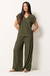 M&Co Petite Khaki Green Textured V Neck T-Shirt | M&Co 1