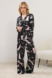 PixieGirl Petite Women's Black Graphic Satin Button Pyjama Set | PixieGirl 1