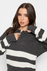 PixieGirl Petite Grey Stripe Knit Zip Collar Jumper | PixieGirl 4