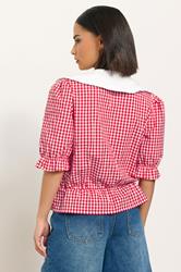 PixieGirl Petite Women's Red Gingham Tie Front Collar Peplum Top | PixieGirl 4