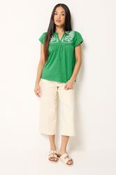 M&Co Petite Green Embroidered Cotton Notch Neck Top | M&Co 1