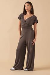 PixieGirl Petite Women's Chocolate Brown Wrap Wide Leg Jumpsuit | PixieGirl 2