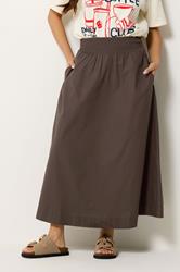 PixieGirl Petite Women's Chocolate Brown Poplin Shirred Cotton Maxi Skirt | PixieGirl 1