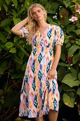 PixieGirl Petite Women's Pink Linen Abstract Puff Sleeve Midaxi Dress | PixieGirl 1