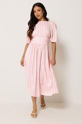 PixieGirl Petite Women's Pink Stripe Puff Sleeve Midi Dress | PixieGirl 3