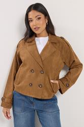 PixieGirl Petite Women's Brown Faux Suede Cropped Trench Coat | PixieGirl 1