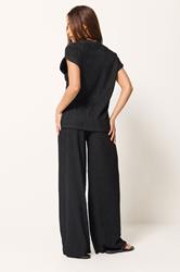 PixieGirl Petite Women's Set Black Textured Short Sleeve Top & Wide Leg Trousers | PixieGirl 2