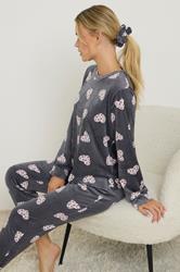 PixieGirl Petite Women's Grey Heart Fleece Pyjama & Scrunchie Set | PixieGirl 2