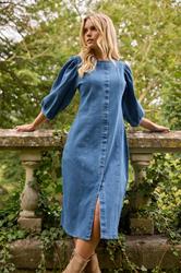 PixieGirl Petite Women's Mid Blue Puff Sleeve Midi Dress | PixieGirl 1