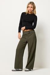 PixieGirl Petite Women's Olive Green Button Tab Detail Wide Leg Trousers | PixieGirl 1