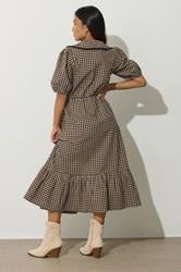 PixieGirl Petite Women's Brown Gingham Big Collar Maxi Dress | PixieGirl 4