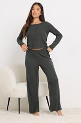 PixieGirl Petite Women's Charcoal Grey Ribbed Wide Leg Trousers | PixieGirl 1