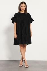 PixieGirl Petite Women's Black Velvet Frill Smock Mini Dress | PixieGirl 1