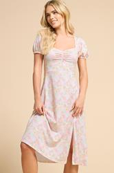PixieGirl Petite Women's Pink Ditsy Puff Sleeve Midi Dress | PixieGirl 2