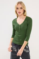 PixieGirl Petite Women's 2 PACK Black & Khaki Green Button Henley Tops | PixieGirl 2