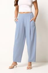 PixieGirl Petite Women's Blue Crinkle Barrel Leg Trousers | PixieGirl 1